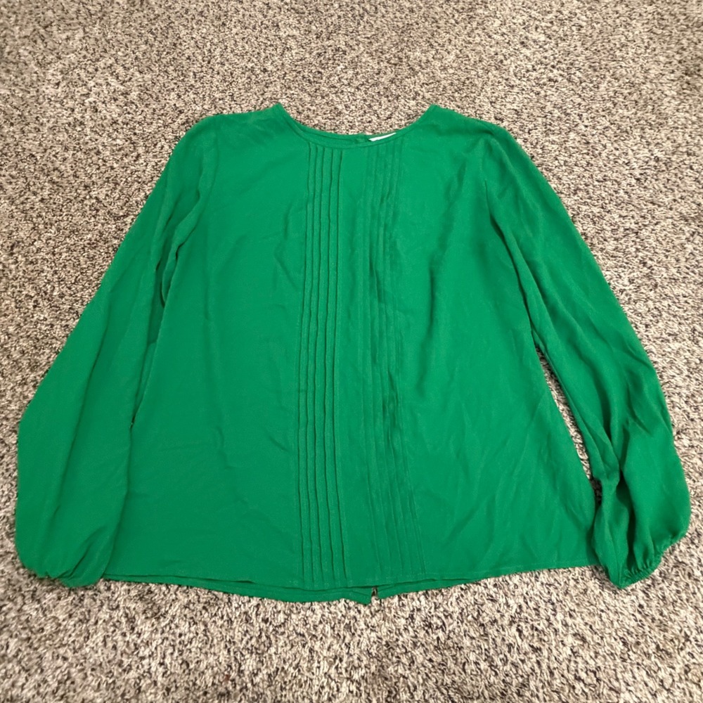 Trina Turk Womens Green Pleated Front Button Back Long Sleeve Blouse Size L